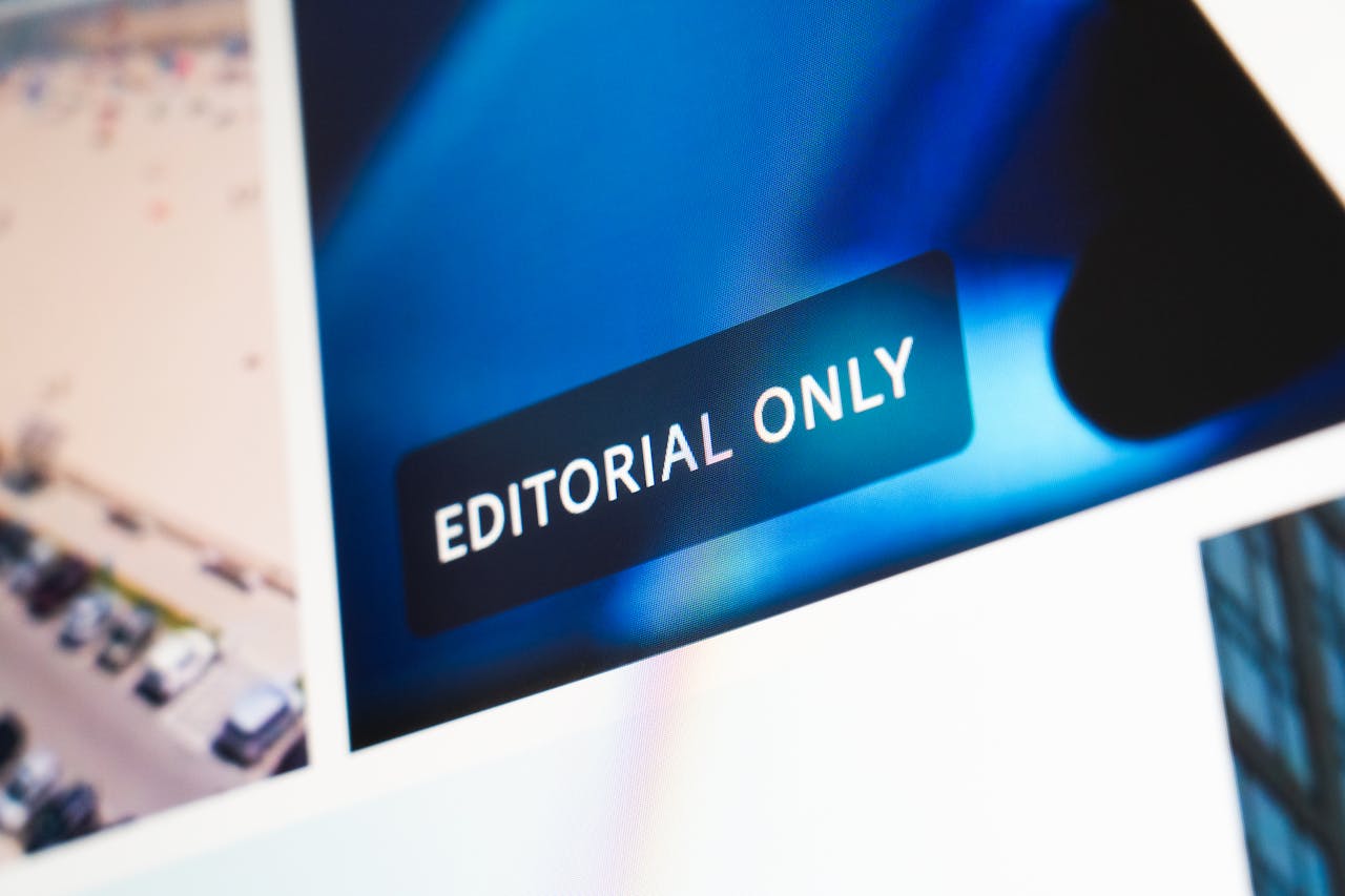 Close-up of Editorial Only label on a digital display screen, emphasizing editorial content.